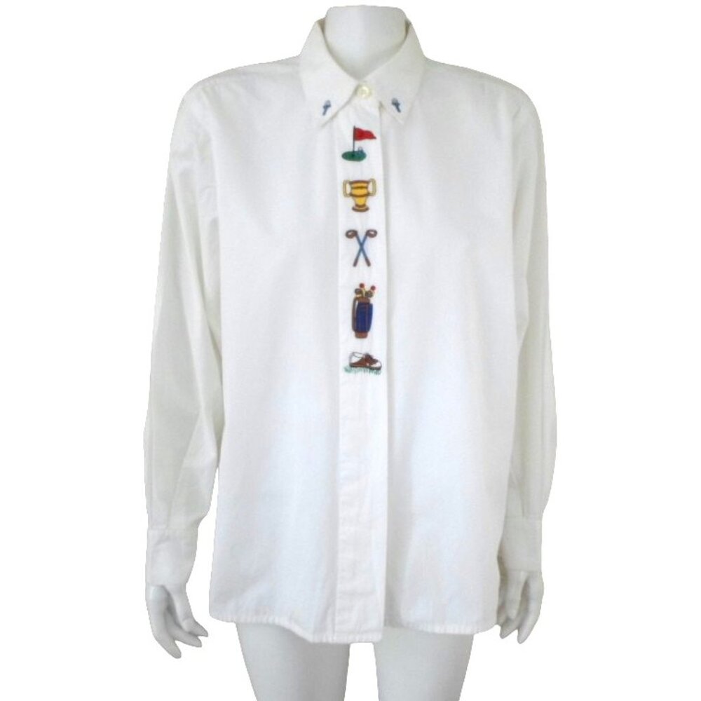 Vintage Peter Martin Golf Theme White Shirt Long Sleeve Button Up